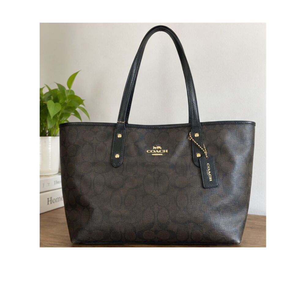 Coach Signature Zip Top Tote Brown Black Monogram Gold Hardware